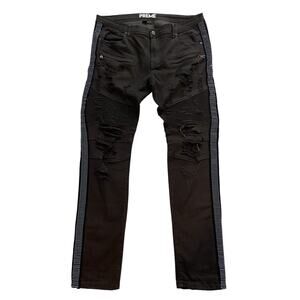 PREME Designer Moto Black Denim Stripe Distressed Destroyed Jeans Size 38x34